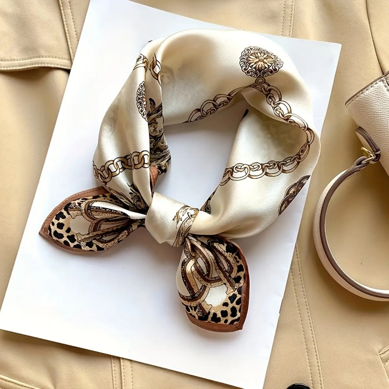 Foulard carré de luxe 100 % pure soie imprimé léopard, bandana à chaîne, foulard de cou, foulard pour cheveux, bandeau, accessoire de sac pour femme, cadeau