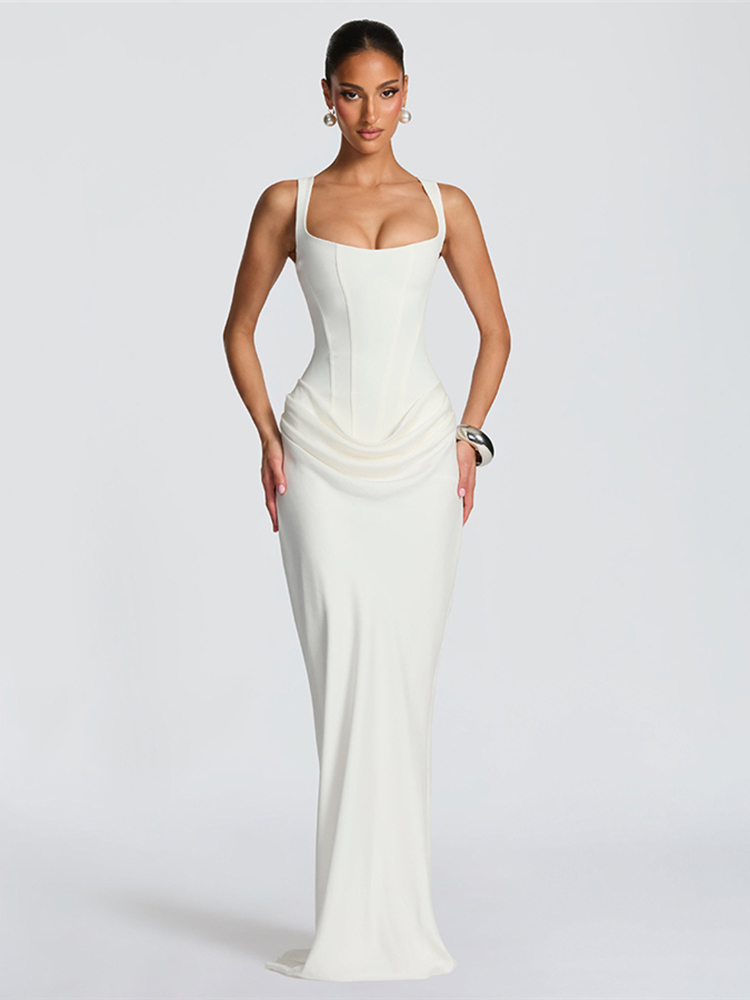 Kliou – Robe longue froncée élégante pour femme, col carré, dos nu, sans manches, douce, pour fête d'anniversaire, slim