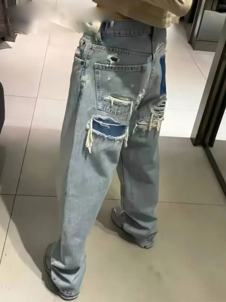Jean pour femmes 2024 Denim solide ample fermeture éclair mouche femme trou pantalon poches sauvage basique trajet femme jambe large pantalon Long