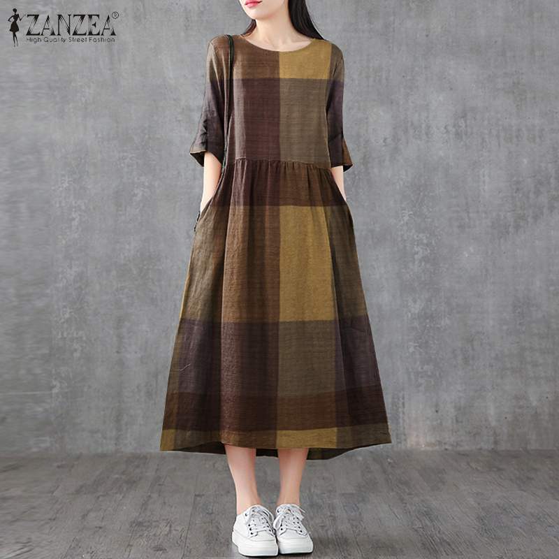 ZANZEA – Robe mi-longue à carreaux pour femmes, Vintage, décontractée, en coton et lin, à la mode, col rond, surdimensionnée, été, 2023