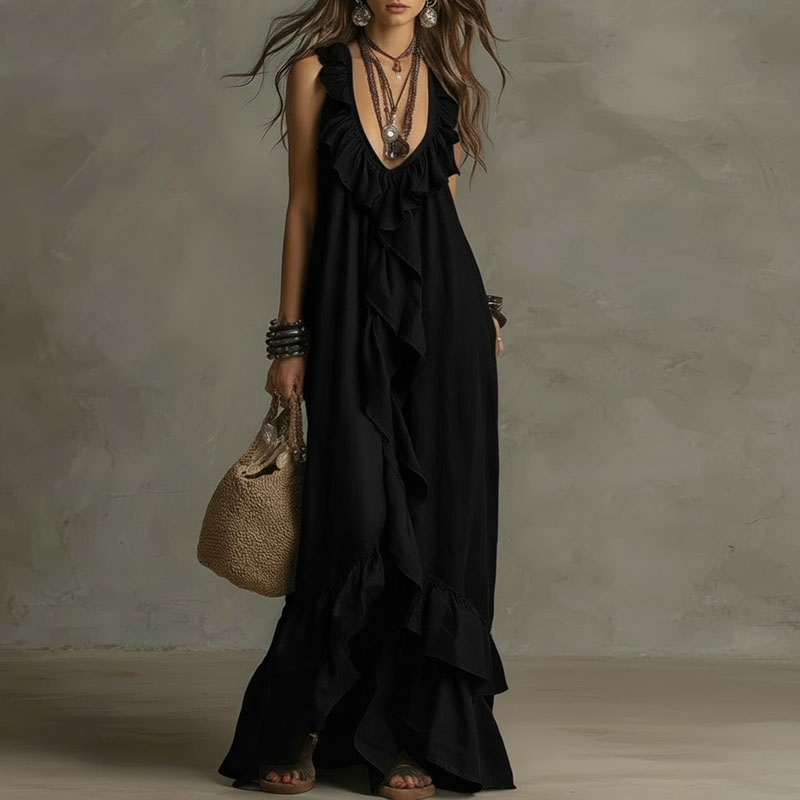 Robe longue maxi bohème à volants et ourlet irrégulier pour femme, col en V profond, ample, sans manches, unie, pour le printemps et l'été, idéale pour les fêtes et la plage, Nouvelle collection