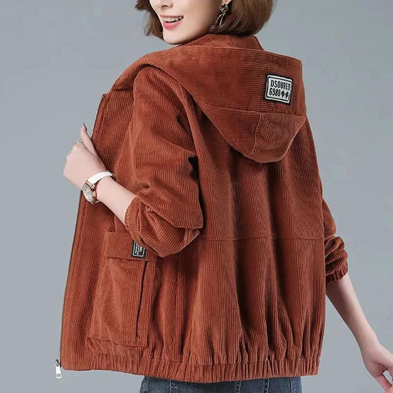 Manteau en velours côtelé pour femme 2026 – Nouvelle collection printemps-automne-hiver – Veste décontractée ample grande taille pour femme d'âge mûr