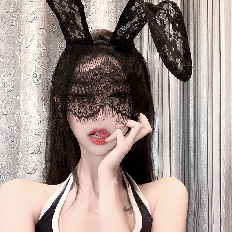 Bandeau oreilles de lapin noir et blanc, masque en dentelle, cerceau d'oreille de lapin, décoration de fête, Rhcosplay, costume d'Halloween, bandes de sauna