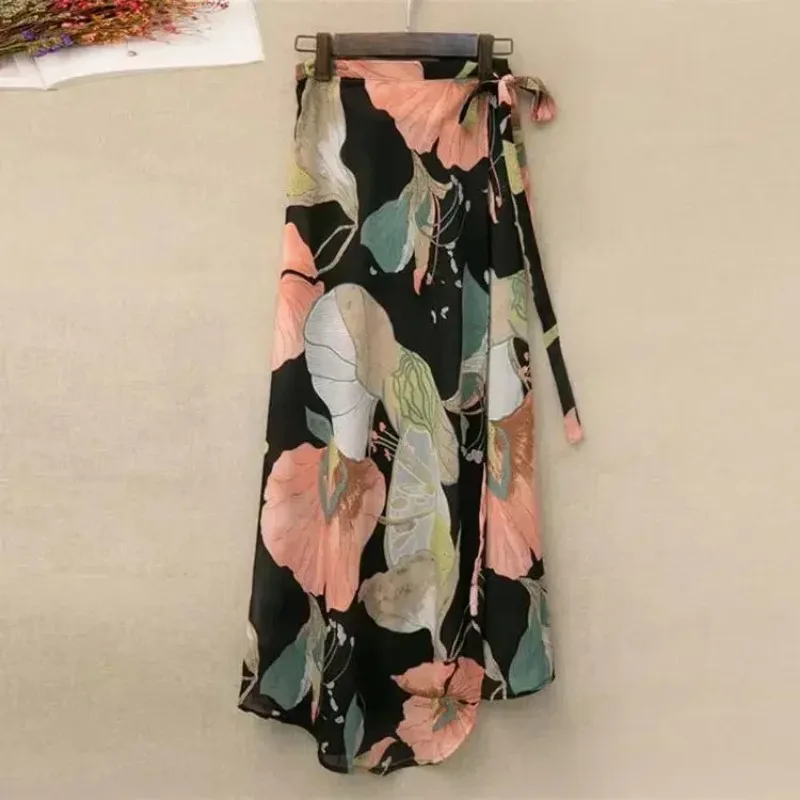 Jupe longue en mousseline de soie à imprimé floral pour femme, taille haute, avec fente, style portefeuille, à nouer sur le côté, pour la plage, été 2026