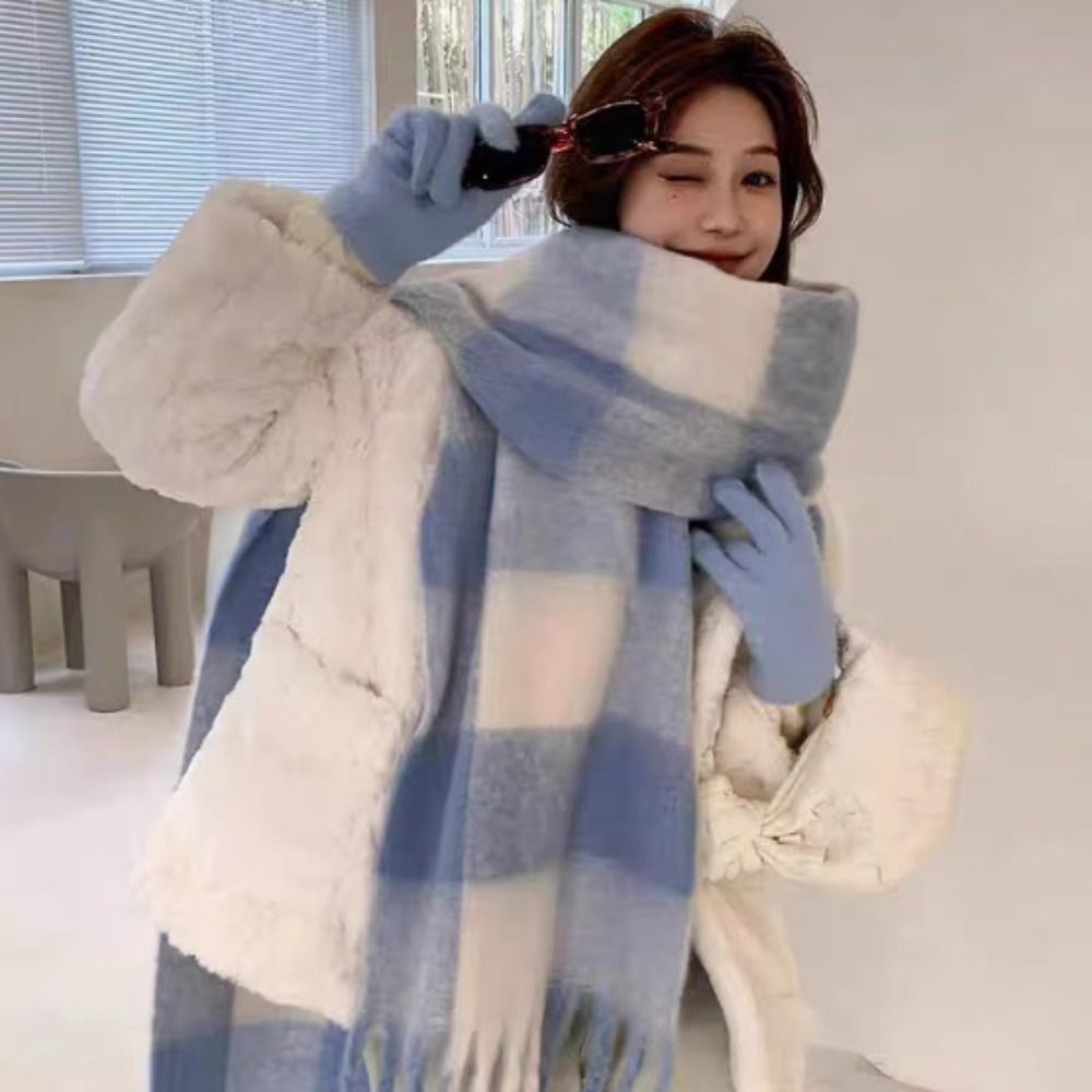 Écharpe en laine mohair à carreaux rétro, écharpe en cachemire épaisse pour l'hiver, écharpe longue à franges, châle chaud pour fille