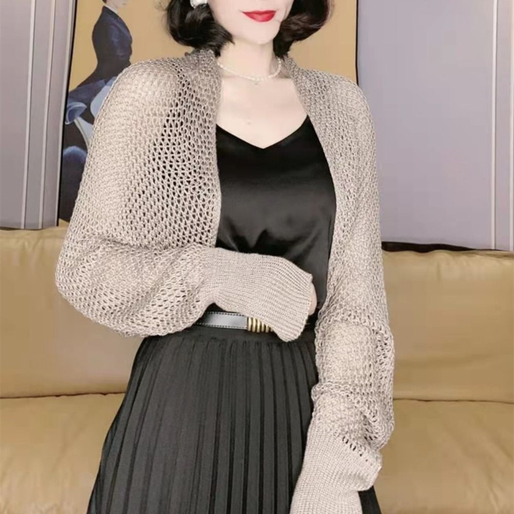 Châle en soie glacée ajourée pour femme, vêtement d'extérieur fin, simple et élégant, haut smock de luxe à manches longues
