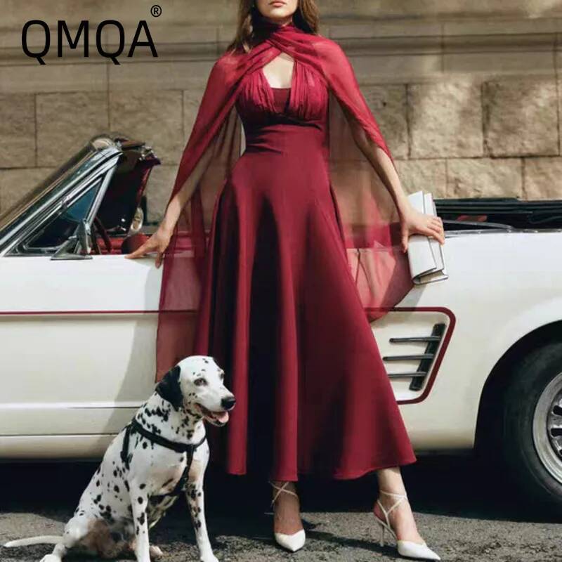 QMQA – robe de soirée élégante pour femmes, col licou, ruban de gaze, Patchwork plissé, ligne a, nouvelle collection printemps 2026, QM1058