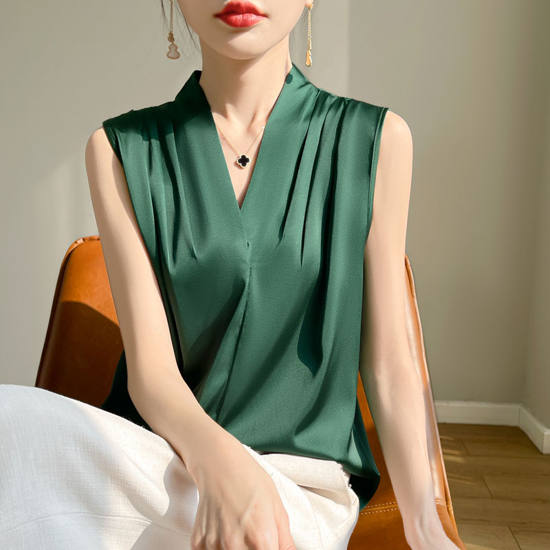 Femmes hauts Blouses couleur unie blanc Satin Blouse bureau chemise Blusas sans manches femmes chemises noir blanc femme YTM A31