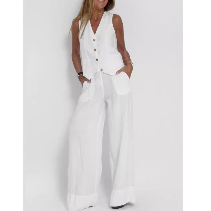 Ensemble 2 pièces en coton et lin pour femmes, couleur unie, gilet à la mode, hauts et pantalons longs, costume Patchwork, tenues décontractées, nouvelle collection été 2025