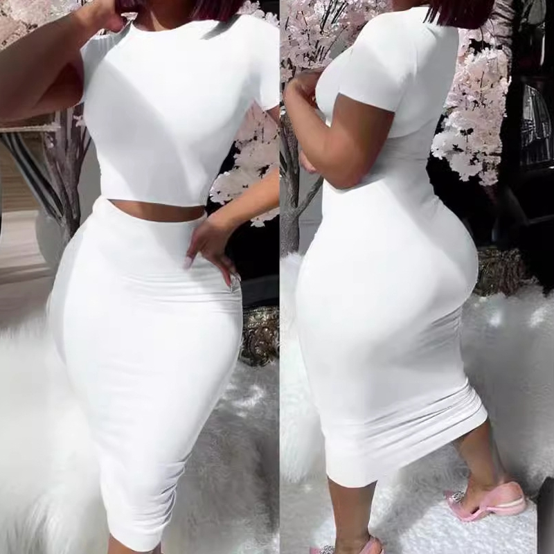 Ensemble de robe à manches courtes pour femmes, jupe mi-mollet, moulante, tenue de bureau, vêtements d'été, mode, 2 pièces, QX2413