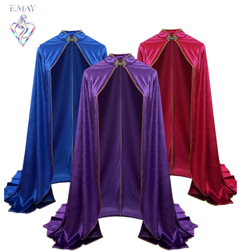 Robe de scène/cosplay unisexe en velours à col montant, style cape, multicolore, avec boucle métallique élégante et ourlet large