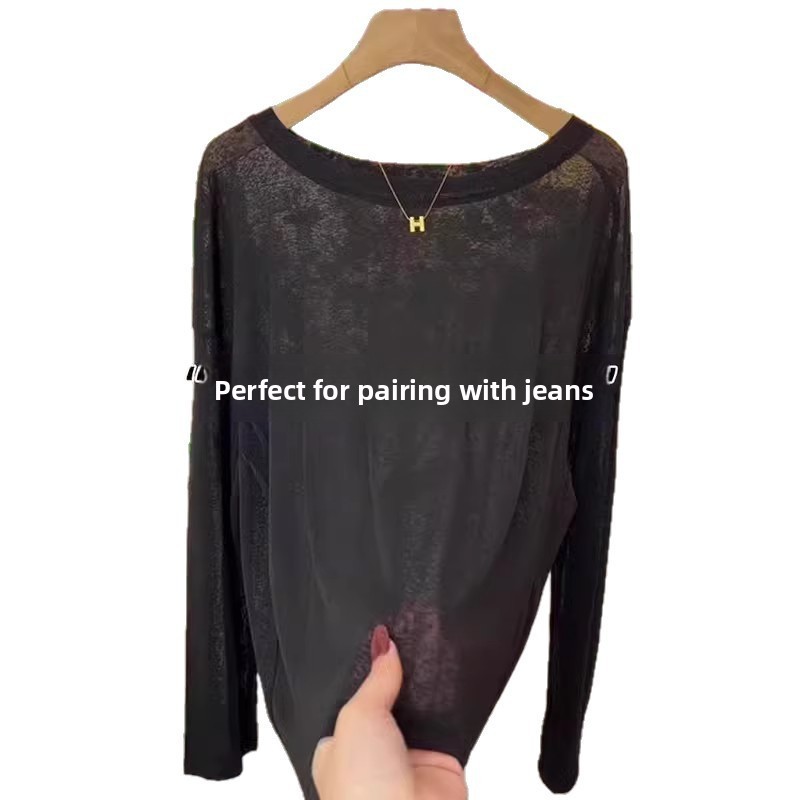 T-shirt ample à manches longues en soie glacée bleue, nouveau style d'été, vêtement de voyage, chemise de protection solaire, t-shirt amincissant coupe trapèze pour femme