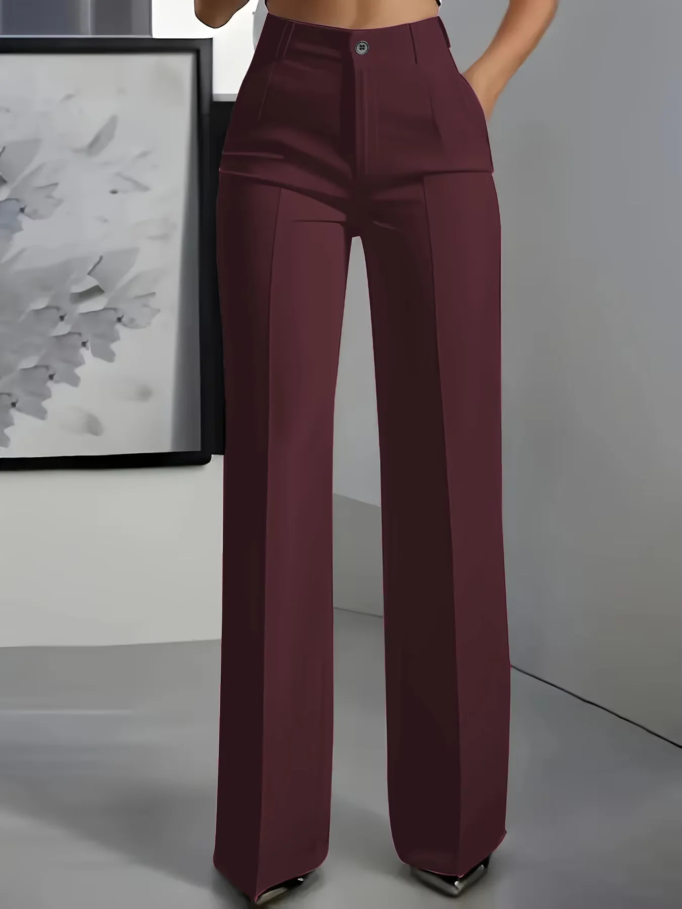 Pantalon de costume taille haute coupe droite pour femme, pantalon de bureau formel, coupe ajustée, couleur unie classique