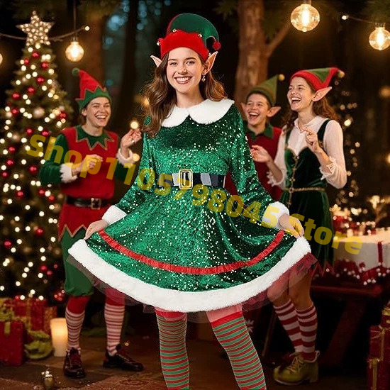 Ensemble de robe de Noël à paillettes pour femme, tenue festive verte avec chapeau, oreilles d'elfe, ceinture, chaussettes et couvre-chaussures pour fête de Noël et spectacle sur scène