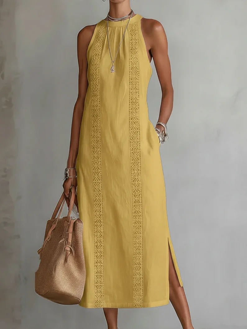 Collection Printemps 2026 Vêtements Femme : Robe de Vacances à Col Noué avec Accents en Dentelle Couleur Unie, Sans Manches.