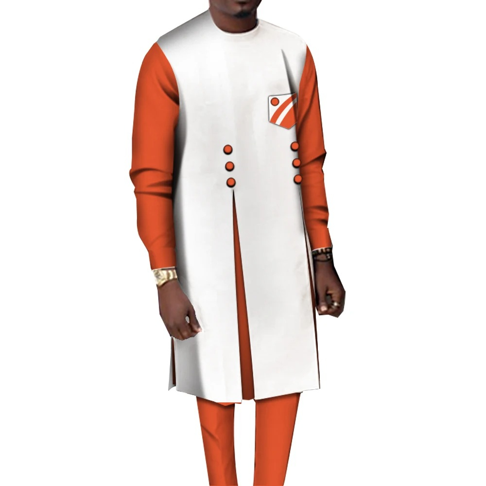 Ensemble 2 pièces en coton pour hommes, vêtements africains décontractés, chemise haute et pantalon, patchwork, WYN1068
