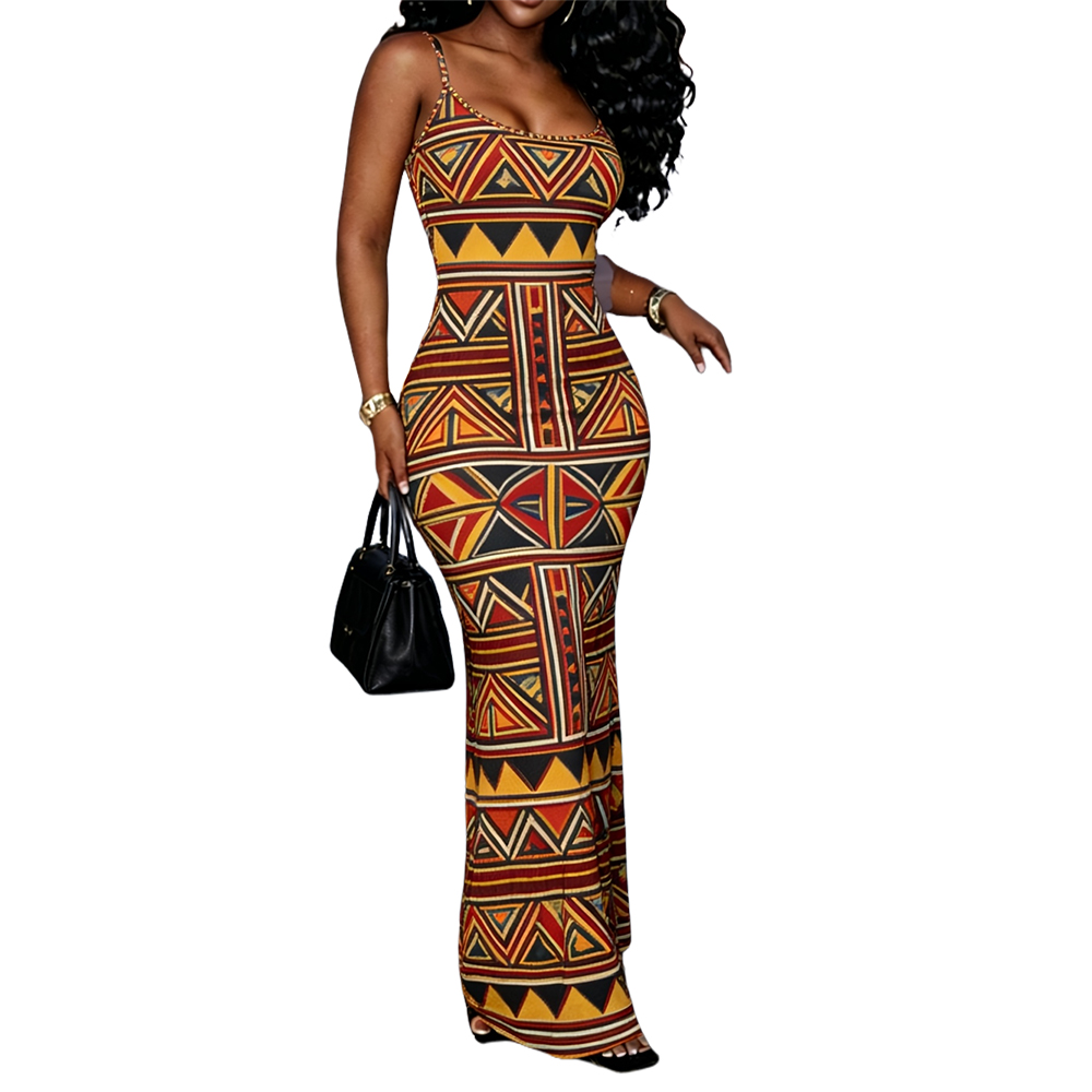 Robe longue décontractée d'été pour femme, élégante, à fines bretelles, en polyester, style africain Ankara, cintrée à la taille