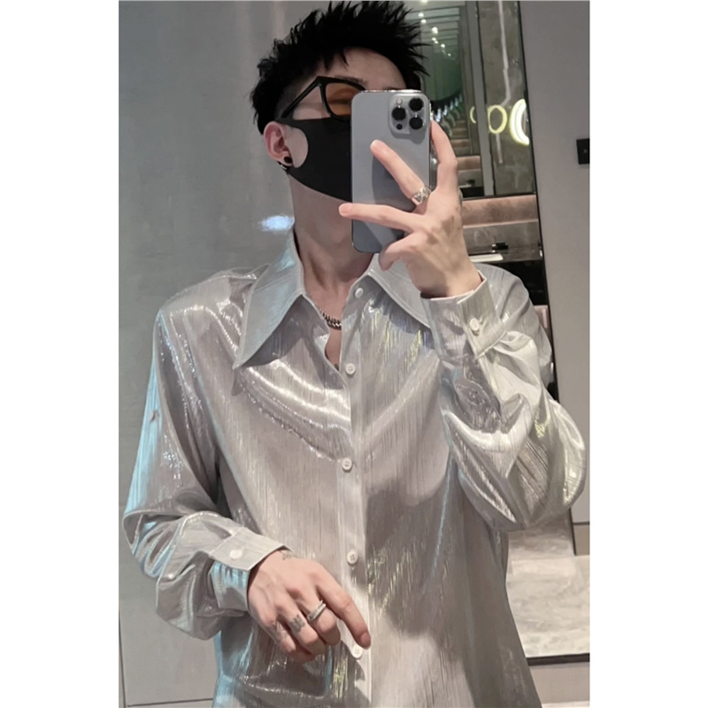 Chemises coréennes fines et lisses pour hommes, style été, col uni, simple boutonnage, streetwear tendance, coupe ample, manches longues