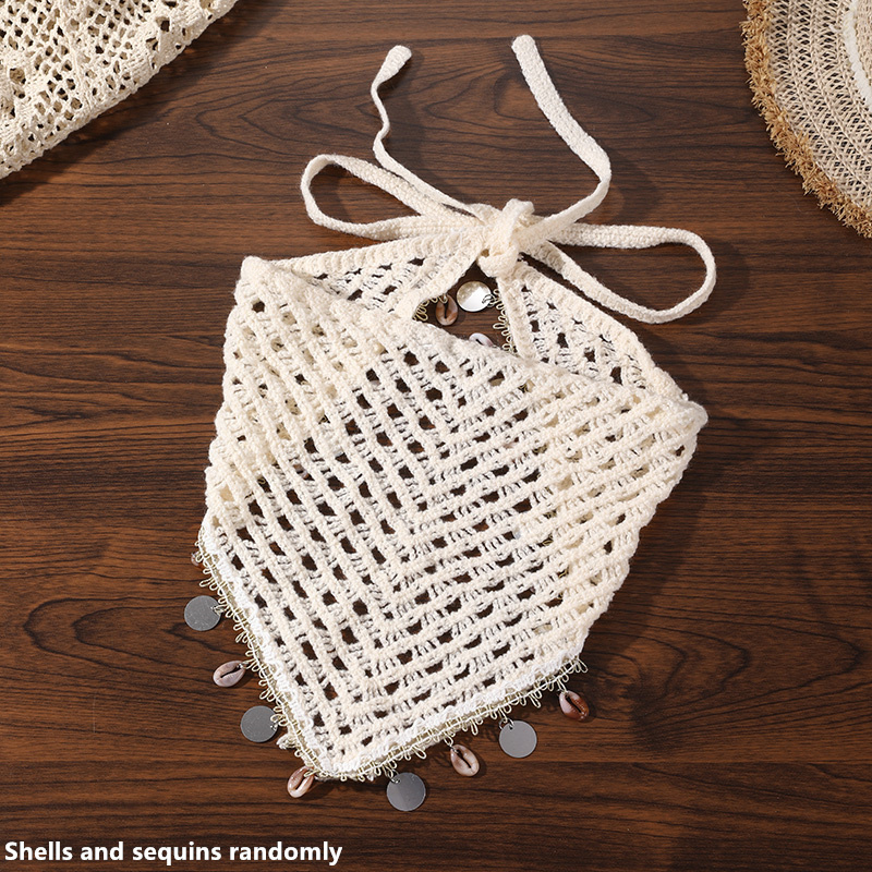 1 foulard bohème à sequins en forme de coquillage – Bandeau triangulaire ajouré pour un look bohème quotidien.