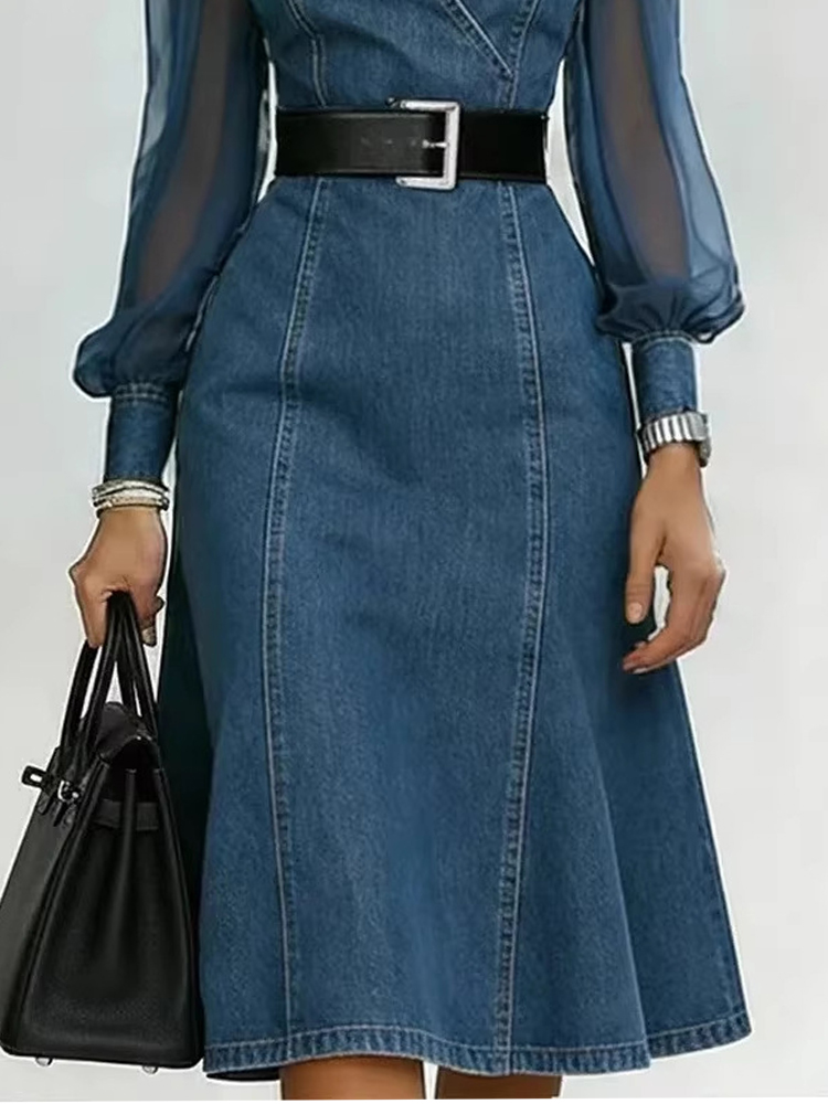 Robe longue en jean streetwear pour femme, coupe trapèze, avec manches longues bouffantes en tulle, col en V transparent, style vintage, avec ceinture