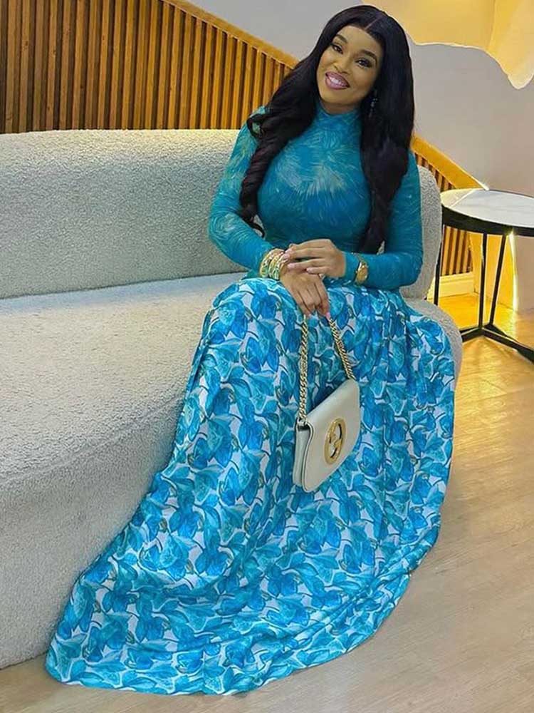 Une ligne robe Maxi pour les femmes automne bleu clair robe à manches longues taille mince mi-col roulé Chic élégant robes de soirée dames