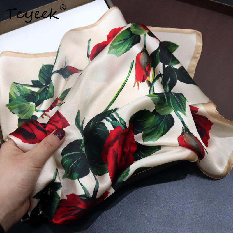 Tcyeek 50*50 cm 100% vraie soie rouge Rose écharpe cadeau de maman élégant foulards foulard carré écharpe 2024 printemps nouveau A3D839QC