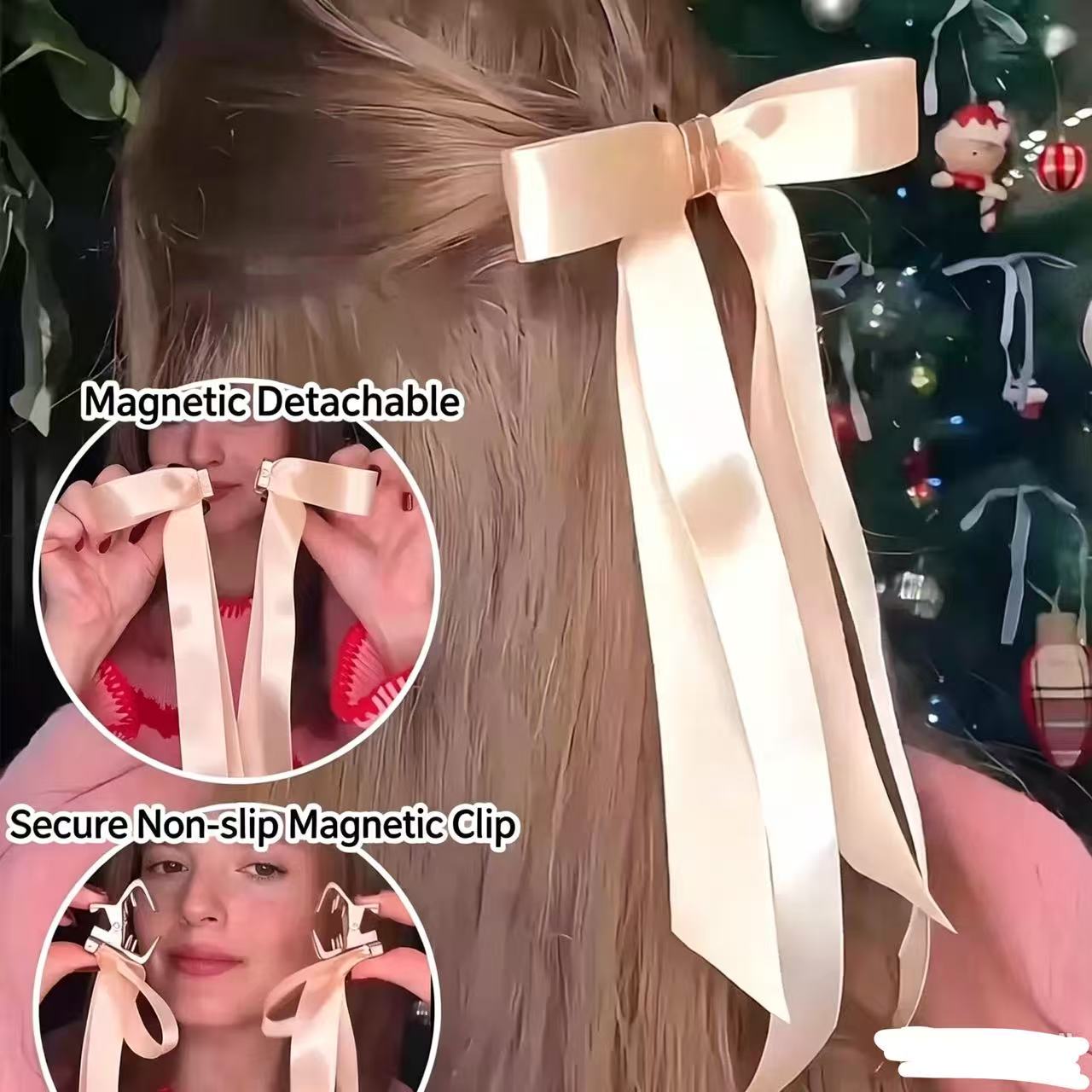 Barrette à cheveux magnétique détachable, barrette à cheveux en satin avec long ruban, accessoires capillaires élégants pour femmes pour coiffures mi-attachées