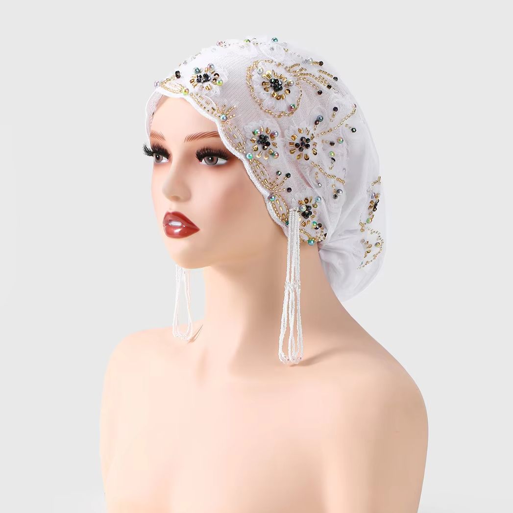 Chapeau de perles en dentelle musulmane, casquettes en tissu maille, Tube de perles associé à un fil de diamant acrylique, chapeau brodé pour femmes arabes de dubaï