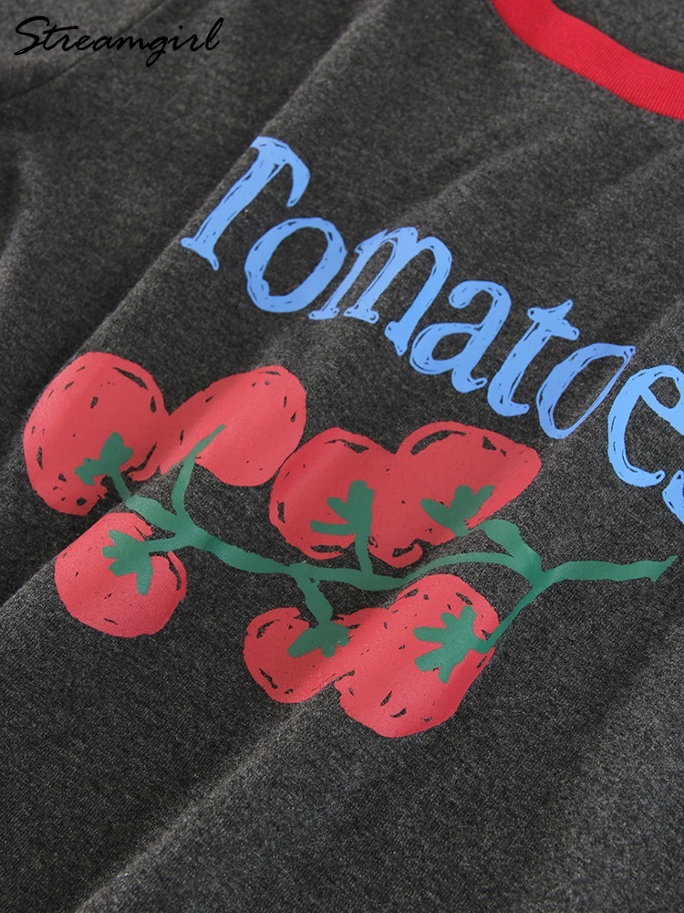 T-shirts d'été pour femmes, imprimés graphiques, coupe ajustée, motif tomates, hauts à manches courtes, color block, col rond, pour femmes