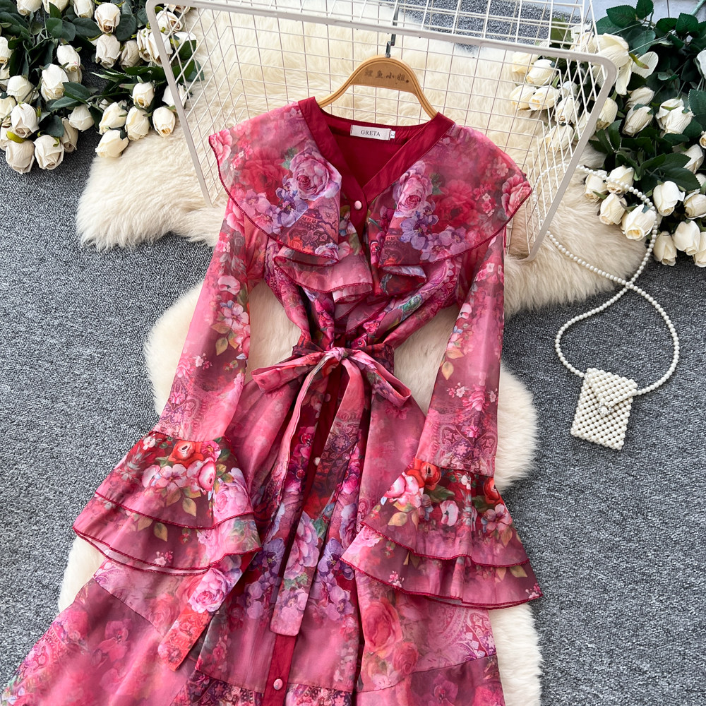 Robe Chic Femme Imprimé Floral Français Multi-Couches Taille Cintrée Color Block Patchwork pour Soirée et Événements