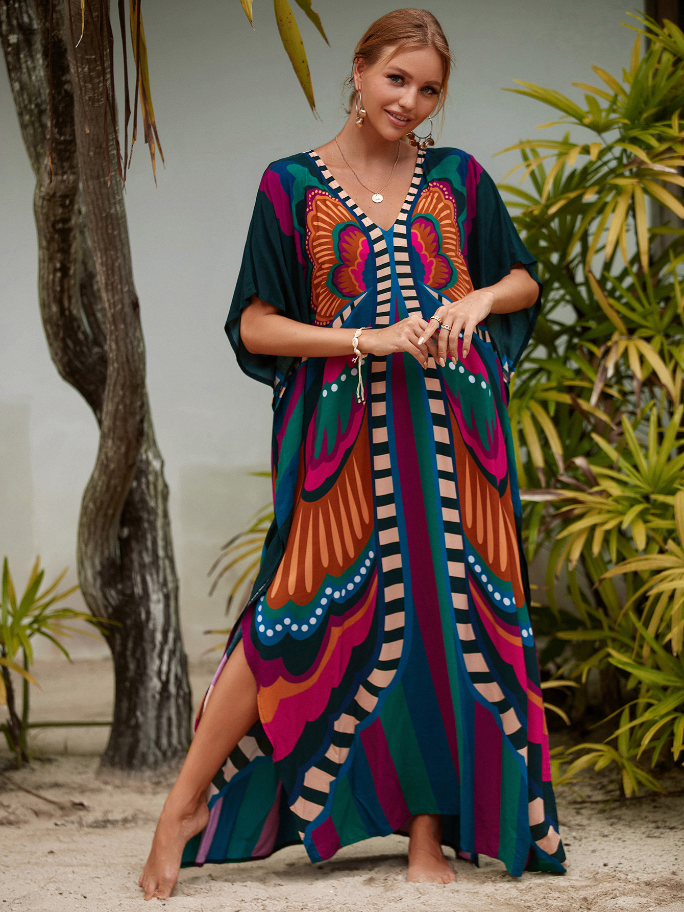 Robes caftan pour femmes col en V imprimé papillon grande taille manches chauve-souris caftans longue maillot de bain couvrir