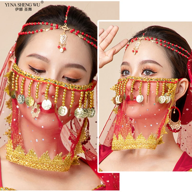 Voile de danse du ventre/danse indienne Hanfu, pompon, gaze à paillettes, accessoires de spectacle de danse, masque en maille de dentelle pour femmes