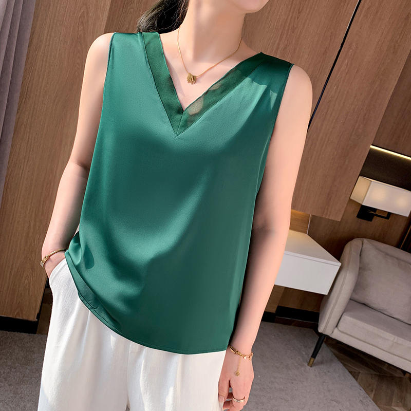 Inj-Camisole d'été en mousseline de soie pour femme, col en V, coutures en dentelle, élégant, délicat, confortable, t-shirt tout assressenti, GlaFashion, RW20