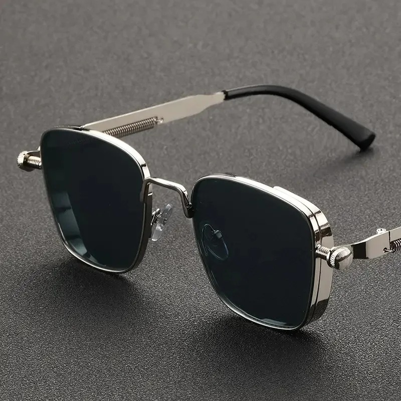Lunettes de soleil vintage steampunk carrées pour hommes, monture métallique avec charnières à ressort, lunettes de conduite tendance pour femmes