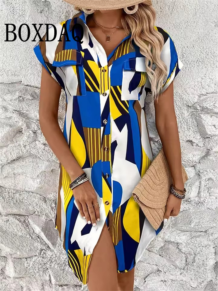 Robe d'été pour femmes, mode géométrique imprimée, manches courtes, robe de soirée élégante, décontractée, boutons, chemises à revers, 2025