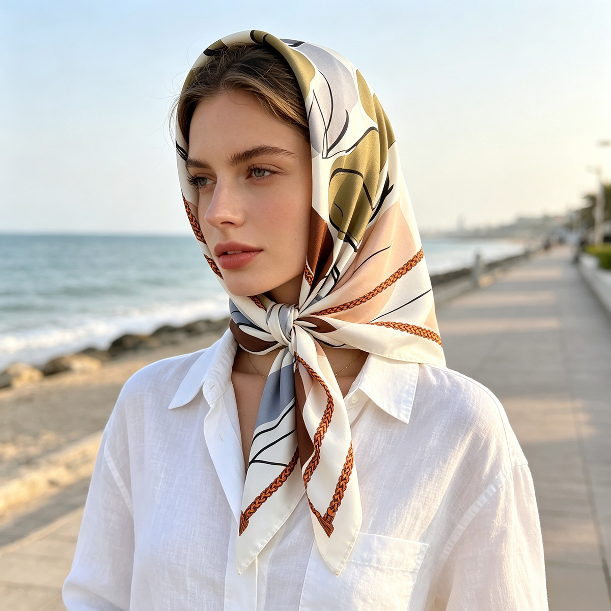 Nouveau Foulard en Soie Imprimé Color Block 2026, 90CM, Foulard en Twill Polyvalent, Grand Foulard Carré, Châle Pare-Soleil, Foulard de Tête, Cadeau de Collection