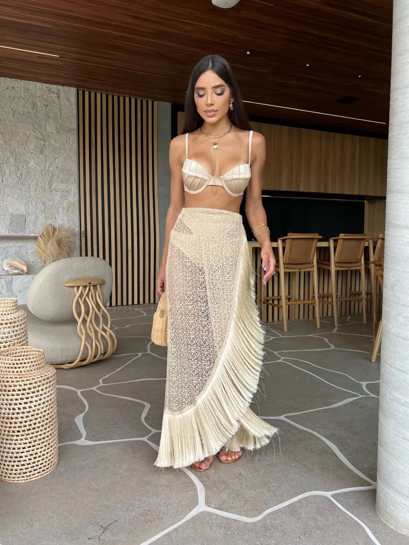 Ensemble bikini push-up 3 pièces sexy, maillot de bain femme, jupe à franges transparente taille haute, tenue de plage, maillot de bain 2026, maillot de bain féminin