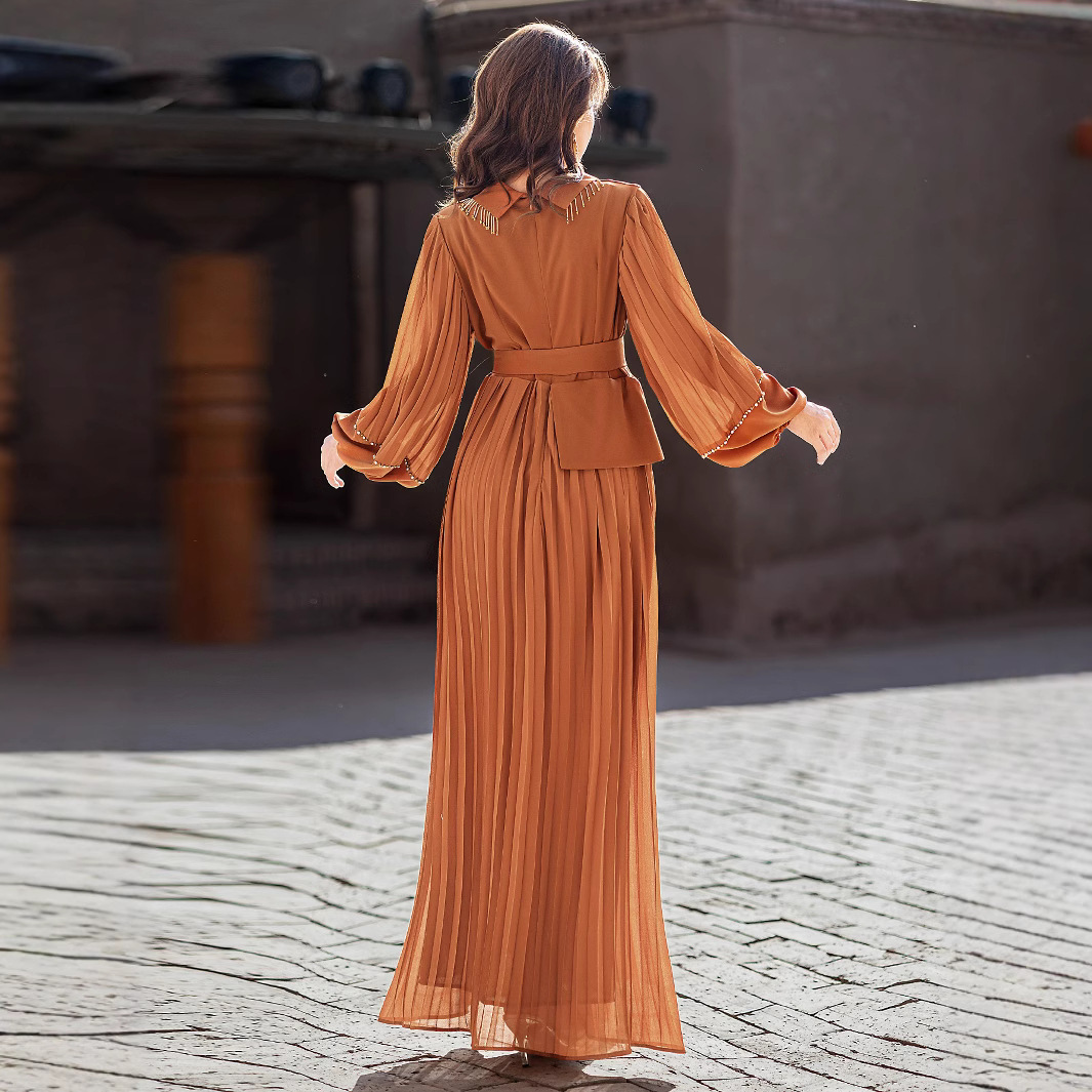 Mode femmes diamants Robe Maxi plissée revers Abaya dubaï caftan Eid Ramadan robes musulmanes turquie Robe Femme robes Caftan