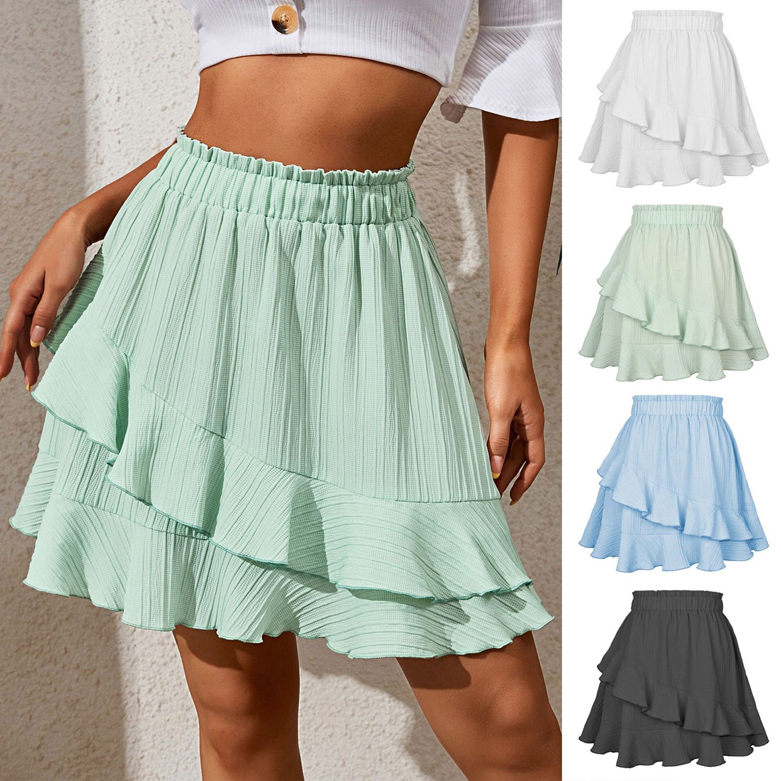 Jupe courte à volants pour femmes, vêtement féminin, taille haute, irrégulier, couleur unie, à la mode