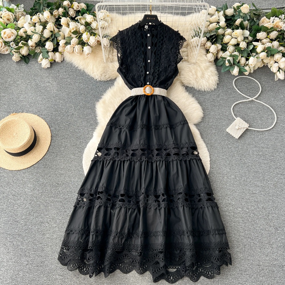 Robe française en dentelle brodée pour femmes, vintage, élégante, sans manches, découpée, robes éducatives, mode, vacances, printemps, été