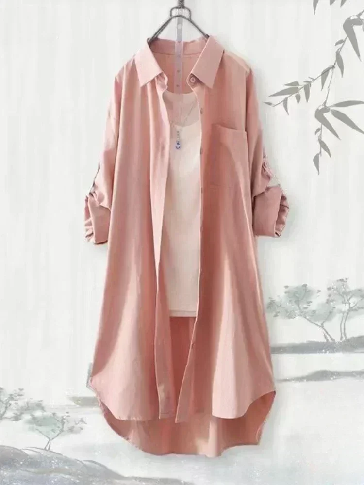Grande taille femmes Simple à manches longues Blouse Chic Style coréen coupe ample respirant chemise décontracté automne couleur unie Midi tunique hauts