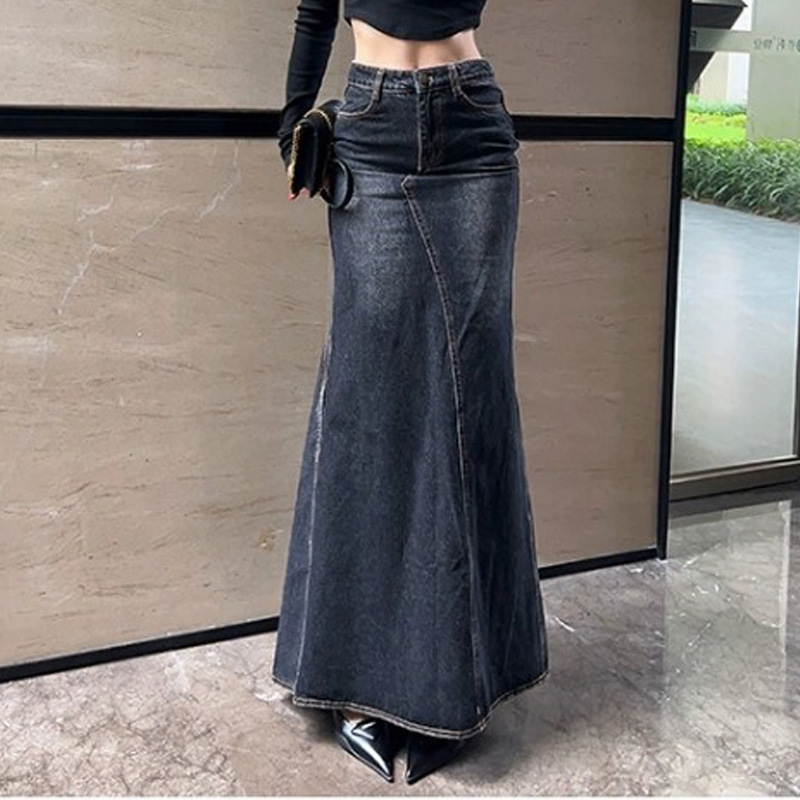 Maxi jupe femmes décontracté sirène Streatwear taille haute fermeture éclair Denim jupes Y2k Streetwear ample longue maman jean cheville longueur été