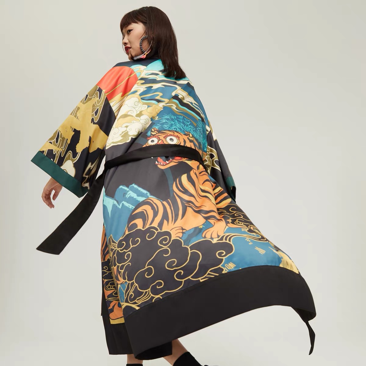 Cardigan Kimono Design tigre Oriental, Vintage, d'inspiration chinoise, manches longues, coupe ample, style Boho Chic, vêtements d'extérieur