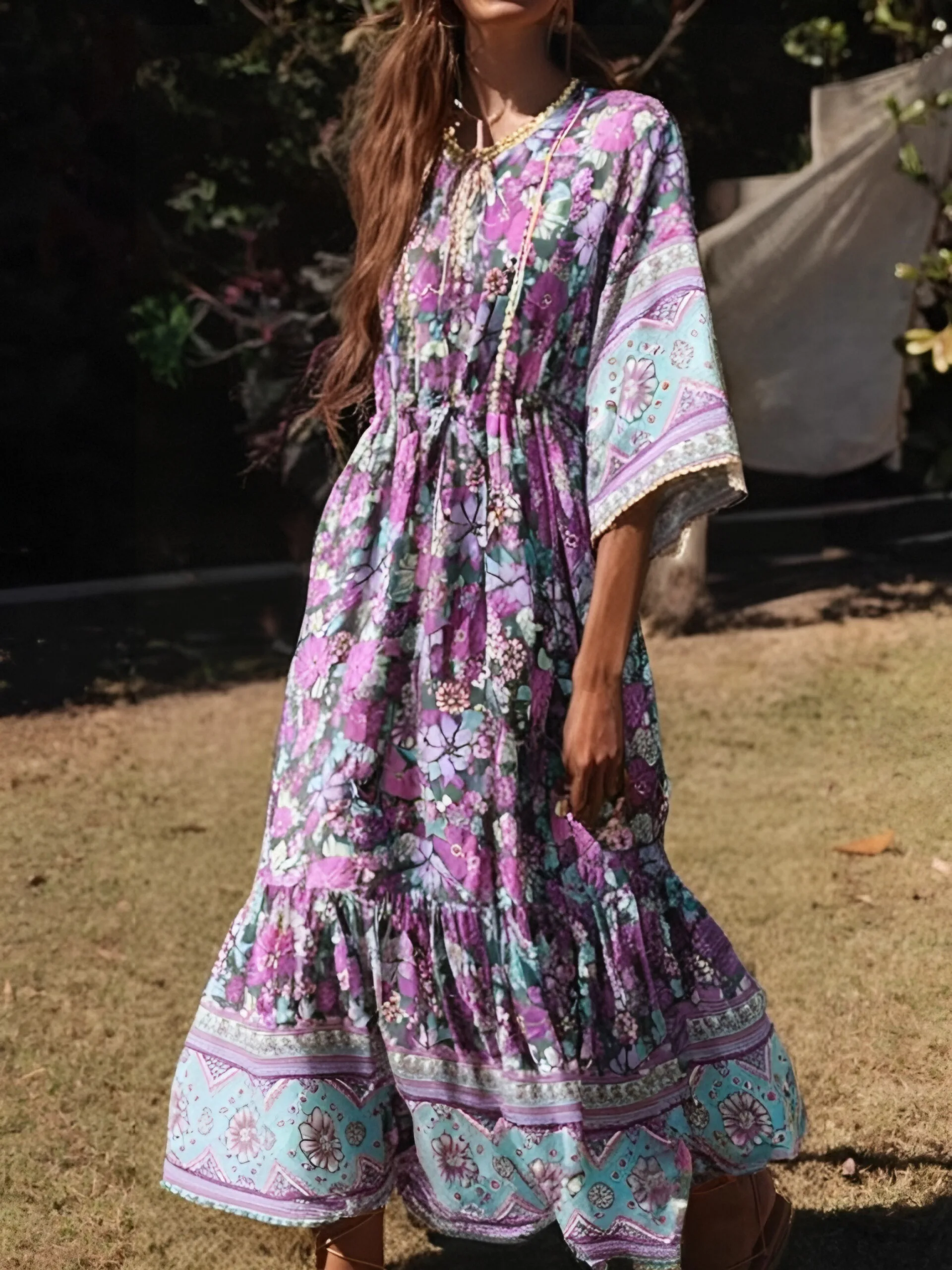 Robe maxi bohème à manches chauve-souris pour femmes, imprimé floral noir, robe de plage pour dames, robe éducative, dîner Boho, mode d'été