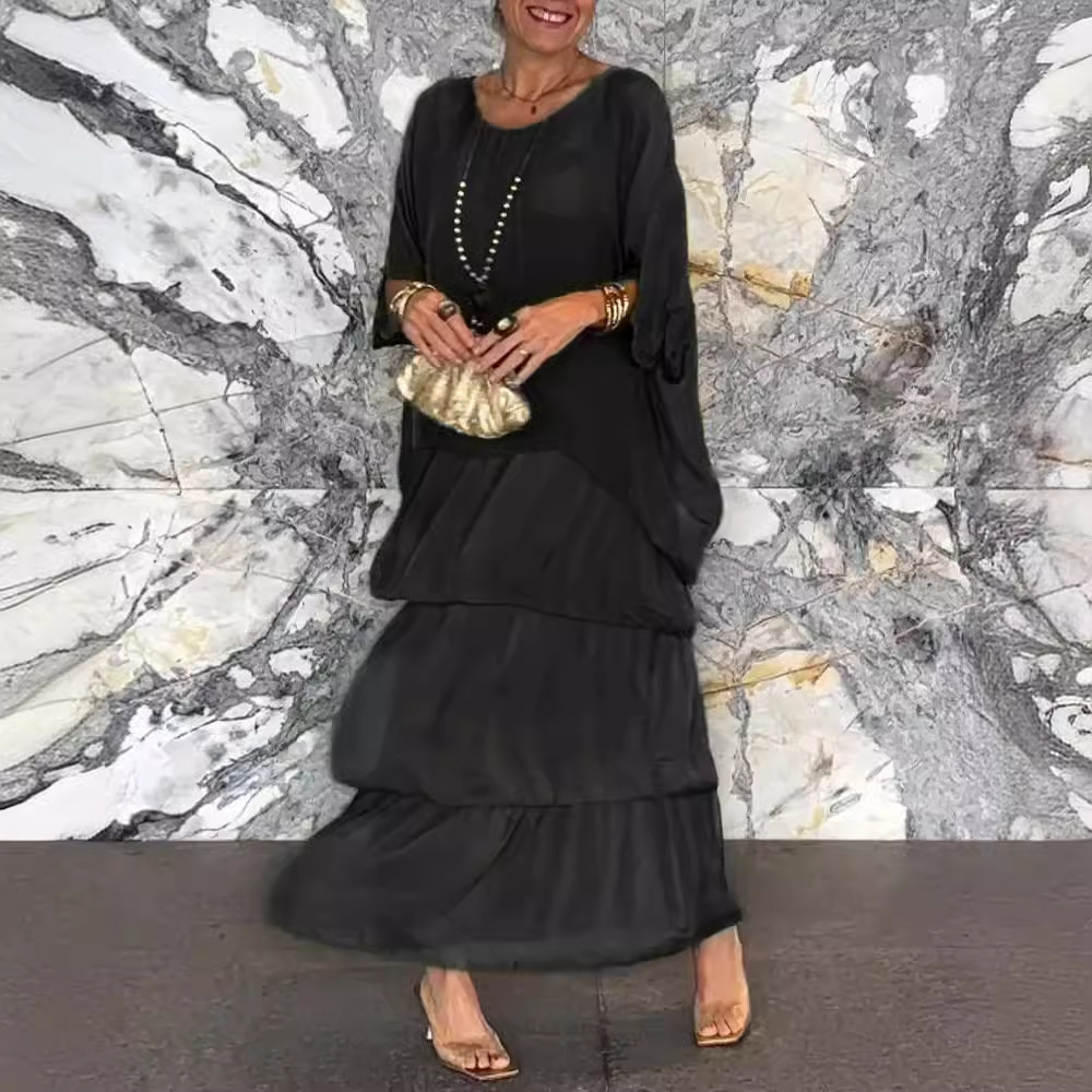 Robe longue élégante en mousseline à imprimé floral pour femme, style bohème, col rond, manches chauve-souris mi-longues, jupe superposée, collection printemps