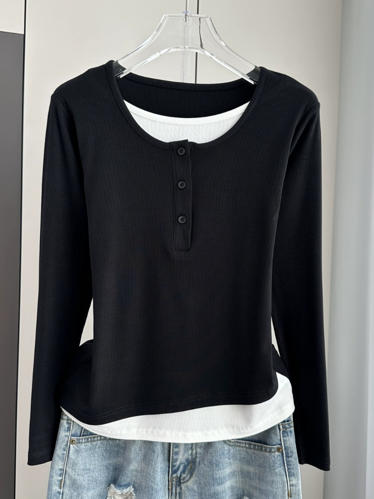 T-shirt à manches longues de style coréen pour femmes, faux deux pièces, sous-vêtements minces, tout assressenti, mode printemps