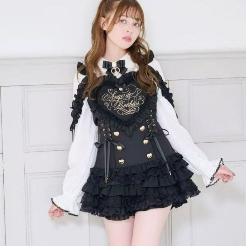 Ensemble de robes Lolita de style japonais pour femmes, vintage, avec dentelle, broderie, nœud, à carreaux, bretelles, style Harajuku Y2k, jupes mini à volants effet gâteau