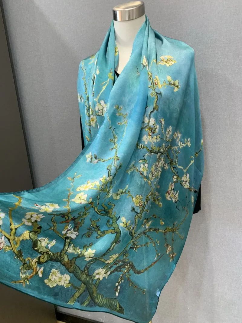 Foulard en soie naturelle 100% pour femmes, châle imprimé numérique, peinture à l'huile Van Gogh, Bandana, arbre abricot, printemps