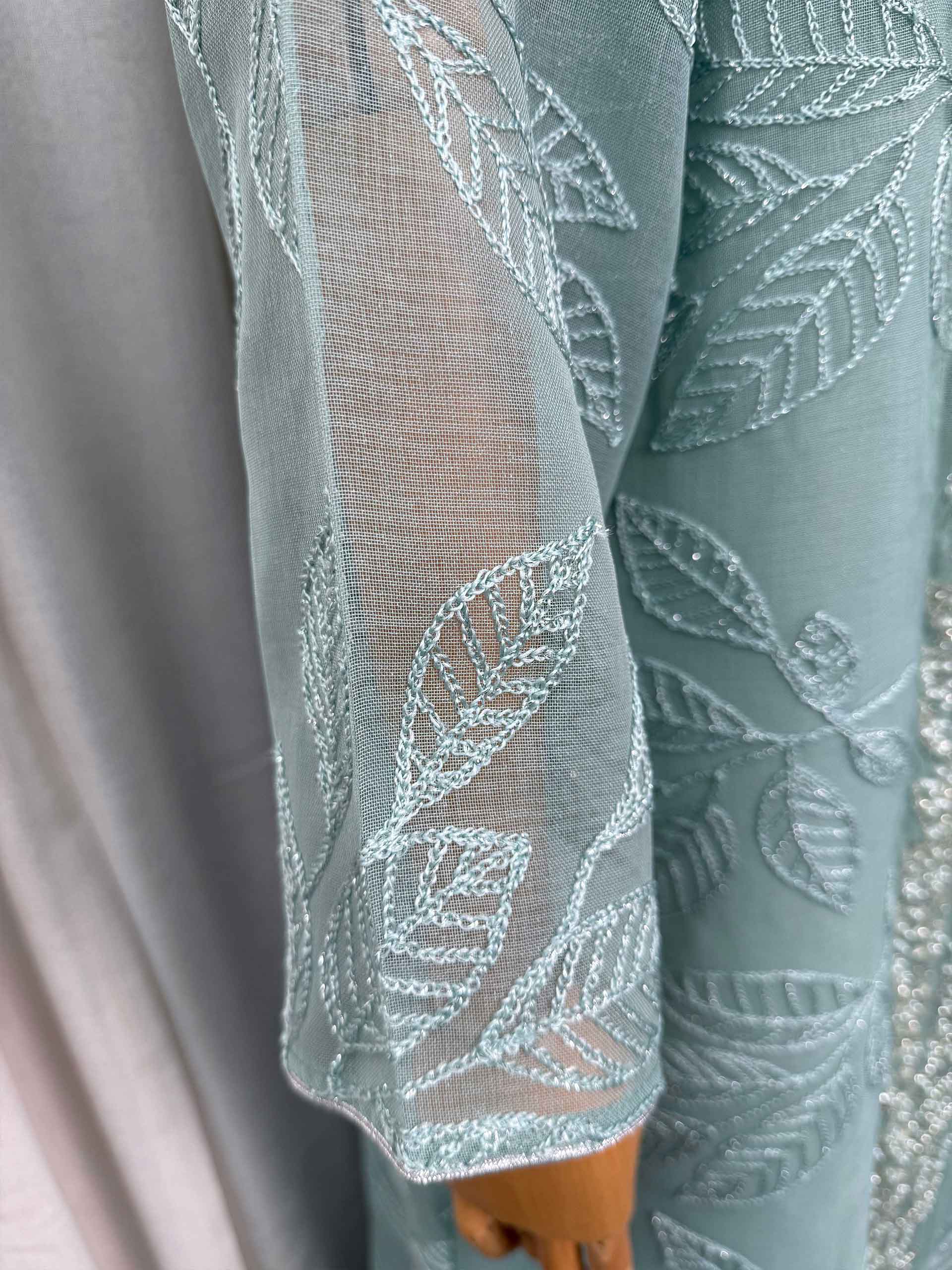 Abaya vert menthe pour femmes musulmanes avec broderie de feuilles en sequins argentés, Kaftan de Dubaï, robe élégante pour la prière du Ramadan et de l'Aïd, Turquie, Islamique