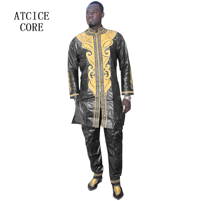 Vêtements africains pour hommes, ensemble traditionnel Bazin Riche brodé, haut à manches longues, 3 pièces